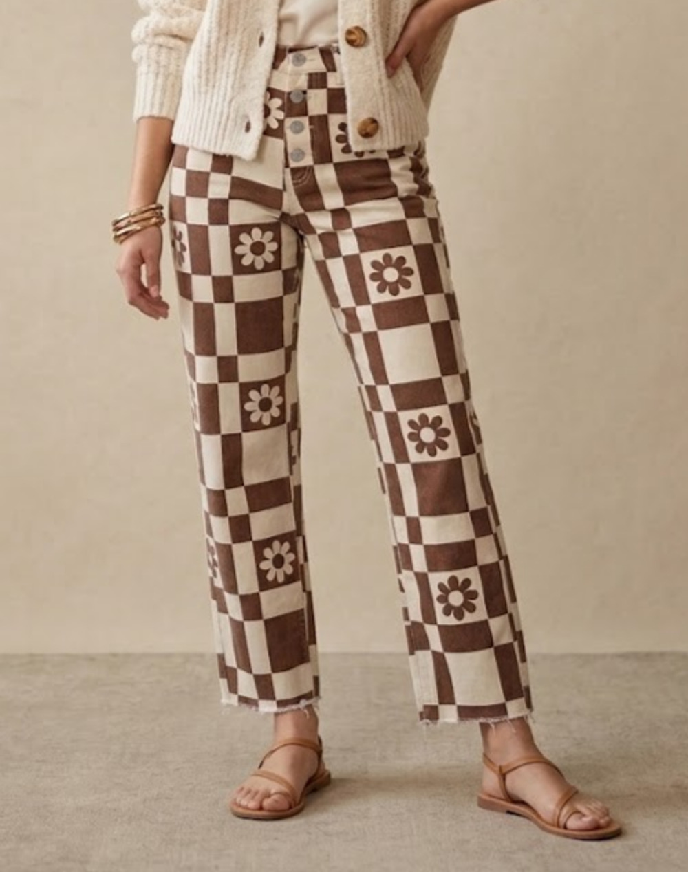 PacSun Womens 25 Brown Flower Checkerboard High Rise Straight Jeans Button Fly